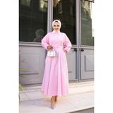 Tesettür Diyarı Bağlama Detaylı Çizgili Tesettür Elbise- Pembe - Standart