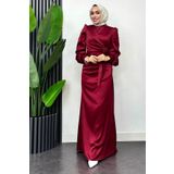 Tesettür Diyarı Bel Bağlama Detaylı Saten Tesettür Abiye-Bordo