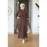 Tesettür Diyarı Carmiel Tül Modal Kumaş Astarlı Tesettür Elbise- Kahverengi - 42 - 44