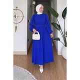 Tesettür Diyarı Dubai Kumaş Kemerli Tesettür Elbise- Saks Mavi - 44