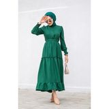 Tesettür Diyarı Eteği Fırfır Detaylı Keten Elbise- Zümrüt - 44