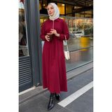 Tesettür Diyarı Fitilli Örme Kumaş Fermuar Detaylı Tesettür Elbise-Bordo - 40 - 42