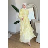 Tesettür Diyarı Fluer Tül Modal Kumaş Baskılı Astarlı Tesettür Elbise- Sarı - 36 - 38