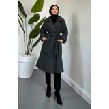 Tesettür Diyarı Glaze Astarlı Kolları Büzgülü Kaşe Tesettür Kaban- Füme Standart (38-44 Uyumlu)