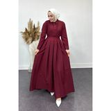 Tesettür Diyarı Içi Gömlekli Pileli Jile Elbise-Bordo - 38