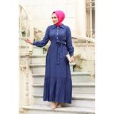 Tesettür Diyarı Jakarlı Gömlek Yaka Kuşaklı Tesettür Elbise- Lacivert - 36