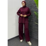 Tesettür Diyarı Kadın Modal Çimalı Kadın Uzun Alt Üst Tesettür Takım- Bordo