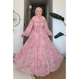 Tesettür Diyarı Moran Çiçek Desenli Şifon Kumaş Astarlı Tesettür Elbise- Pembe Standart Beden (36-42 Uyumlu)