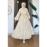 Tesettür Diyarı Parlin Tül Modal Kumaş Kuşaklı Tesettür Elbise- Krem - 40 - 44