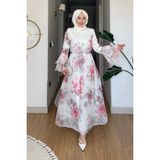 Tesettür Diyarı Rosi Tül Modal Kumaş Çiçek Desenli Ispanyol Kol Astarlı Tesettür Elbise- Pembe - 40