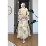 Tesettür Diyarı Rosi Tül Modal Kumaş Çiçek Desenli Ispanyol Kol Astarlı Tesettür Elbise- Sarı - 44