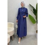 Tesettür Diyarı Taş Düğmeli Asimetrik Bağlamalı Yazlık Kumaş Elbise-Indigo - Mavi - 38