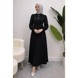 Tesettür Diyarı Taş Düğmeli Asimetrik Bağlamalı Yazlık Kumaş Elbise-Siyah - Black - 36