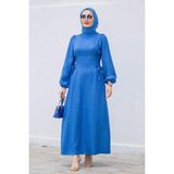 Tesettür Diyarı Yandan Çapraz Bağlamalı Keten Tesettür Elbise- Indigo - İndigo - 42
