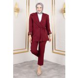 Tesettür Dünyası Bağlama Detaylı Blazer Takım TSD250196 Bordo