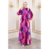 Tesettür Dünyası Geometrik Desenli Beli Kuşaklı Viskon Uzun Tesettür Elbise TSD250213 Fuşya