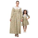 Tesettür Fisto Yakalı Renkli Çiçekli ANNE-KIZ Kombini (Yeşil, S)