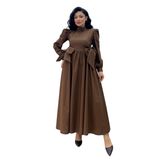 Tesettür Fiyonklu Uzun Poplin Kloş Elbise (Kahverengi, L-XL)