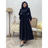 Tesettür Fiyonklu Uzun Poplin Kloş Elbise (Siyah, 2XL-3XL)