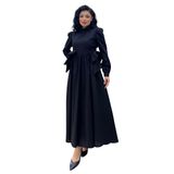 Tesettür Fiyonklu Uzun Poplin Kloş Elbise (Siyah, L-XL)