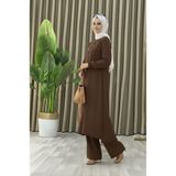 Tesettür Ikili Takım Uzun Tunik Bol Paça Pantolon - Kahve - 1