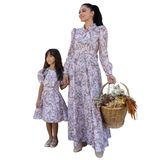 Tesettür Pastel Çiçekli Boyundan Bağlamalı Kloş Elbise ANNE-KIZ Kombini (Kahverengi, S)