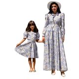 Tesettür Pastel Çiçekli Boyundan Bağlamalı Kloş Elbise ANNE-KIZ Kombini (Mavi, 2XL)
