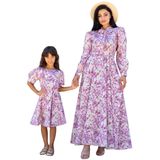 Tesettür Pastel Çiçekli Boyundan Bağlamalı Kloş Elbise ANNE-KIZ Kombini (Pembe, L)