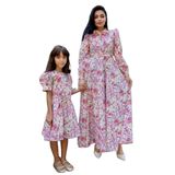Tesettür Pastel Çiçekli Boyundan Bağlamalı Kloş Elbise ANNE-KIZ Kombini (Turuncu, S)