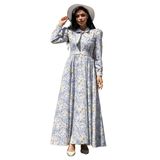 Tesettür Pastel Çiçekli Boyundan Bağlamalı Kloş Elbise (Mavi, 2XL)