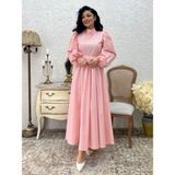 Tesettür Puantiyeli Uzun Kloş Elbise (Pembe, S/M)