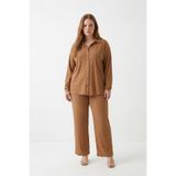 Tesettür Uyumlu Büyük Beden Gömlek Takım – Uzun Kollu Bürümcük Kumaş İkili Set-Camel-4XL