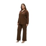 Tesettür Uyumlu Büyük Beden Gömlek Takım – Uzun Kollu Bürümcük Kumaş İkili Set-Kahverengi-2XL