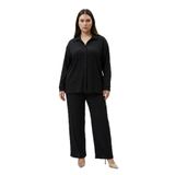 Tesettür Uyumlu Büyük Beden Gömlek Takım – Uzun Kollu Bürümcük Kumaş İkili Set-Siyah-3XL
