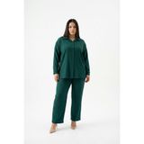 Tesettür Uyumlu Büyük Beden Gömlek Takım – Uzun Kollu Bürümcük Kumaş İkili Set-Yeşil-4XL