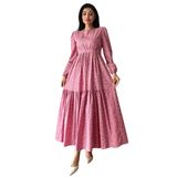 Tesettür Uzun Çıtır Poplin Kat Kat Elbise (Pembe, S-M)
