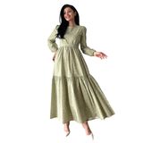 Tesettür Uzun Çıtır Poplin Kat Kat Elbise (Yeşil, L-XL)