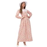 Tesettür Vintage Fisto Yakalı Renkli Çiçekli Elbise (Pudra, L)