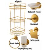tesitay Banyo Aksesuarları Üç Katlı Köşelik Kağıtlık Havluluk Sabunluk Fırçalık Bornozluk Gold Altın Renk