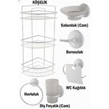 Tesitay Banyo Aksesuarları Üç Katlı Köşelik Kağıtlık Havluluk Sabunluk Fırçalık Bornozluk Seti Beyaz Renk