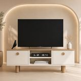 Tessa Mobilya Bohem Tv Sehpası Beyaz 50'' Tv Uyumlu Bohem Ayaklı Geniş Depolamalı Tv Ünitesi - Sepet Ceviz - Beyaz