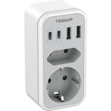 Tessan Çift Priz , 2 Usb-C ve 2 Usb-A'lı 6'sı 1 Arada Soket Adaptörü, 3600W, Telefon ve Ev Aletleri Için Çift Soket, USB C'li Çoklu Soket, Gri
