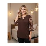 Te&Te Kadın büyük beden kahverengi kolları zebra desenli önü pencere detaylı bluz