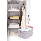 Textile sweet Dolap Içi Düzenleyici 4 Bölmeli Raf Gri Çizgili Katlanabilir Dolap Organizeri