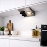 Tezgah Altı Prizli LED Aydınlatma Armatürü 3000K Sarı Işık – Çift Prizli, Anahtarlı, İnox Metal Kasa, 220V, Kompakt Tasarım 15x14,5 cm Mutfak Dolap Altı