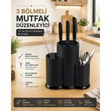 Tezgah Üstü Bölmeli Bıçaklık - Kaşık Kepçe Bıçak Standı Mutfak Düzenleyici Organizer Kaşıklık Siyah S-10137