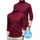 Tezzgelsin 2'li Erkek Tüylenmeyen Boğazlı Triko Kazak Balıkçı Triko Kazak - Bordo - Bordo - 2XL