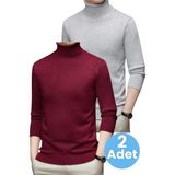 Tezzgelsin 2'li Erkek Tüylenmeyen Boğazlı Triko Kazak Balıkçı Triko Kazak - Bordo - Gri - 2XL