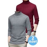 Tezzgelsin 2'li Erkek Tüylenmeyen Boğazlı Triko Kazak Balıkçı Triko Kazak - Füme - Bordo - 2XL