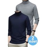 Tezzgelsin 2'li Erkek Tüylenmeyen Boğazlı Triko Kazak Balıkçı Triko Kazak - Füme - Lacivert - 2XL